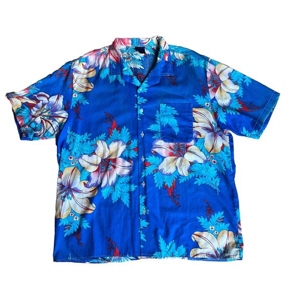 Wrangler Hawaiian Shirt Floral Print Mens Size Large Vintage Button Blue - Picture 1 of 10